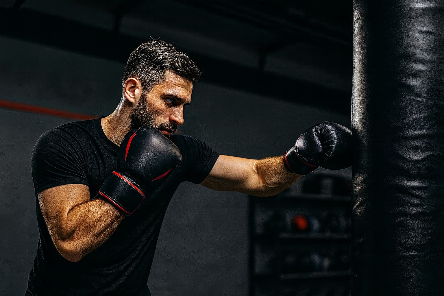 A focused male boxer in black and red gloves delivers a punch to a heavy bag in a modern gym.