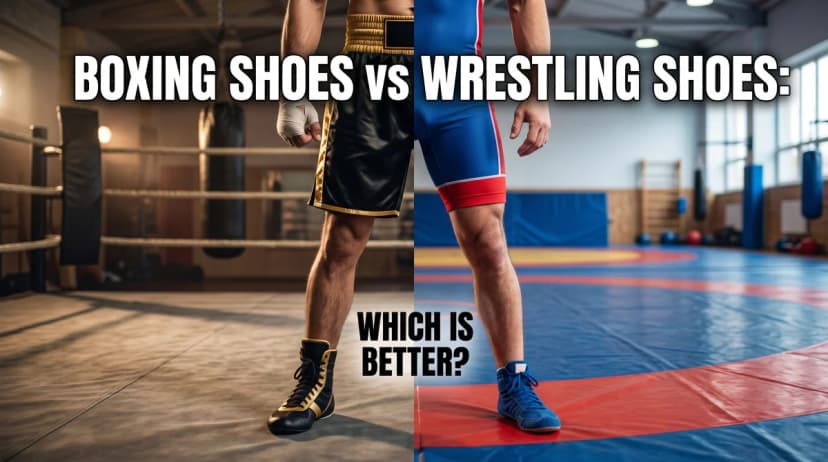 Boxing shoes vs wrestling shoes comparison showing boxing boots and wrestling footwear for ankle support and grip.