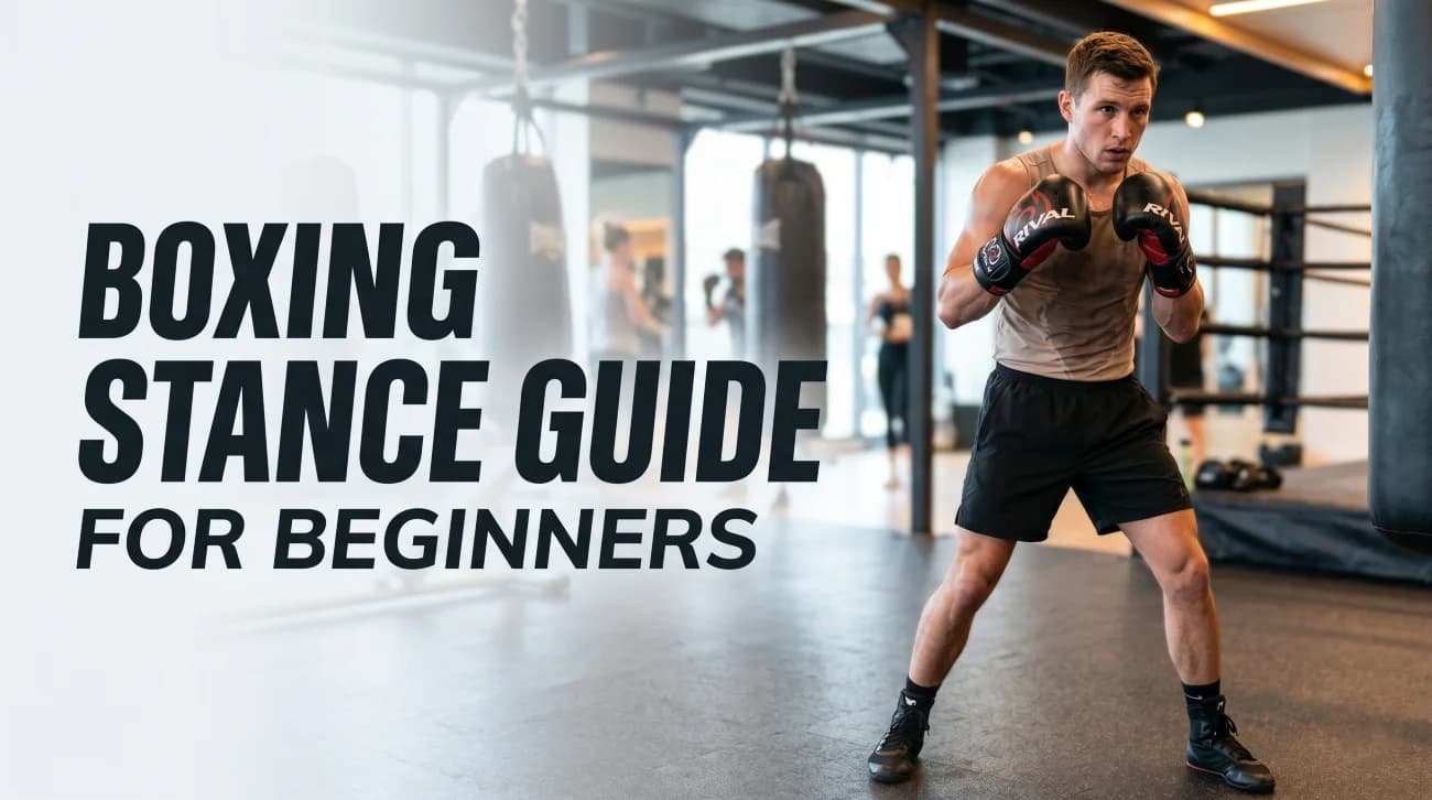 Beginner boxer standing in a proper boxing stance with hands up and feet balanced in a boxing gym.