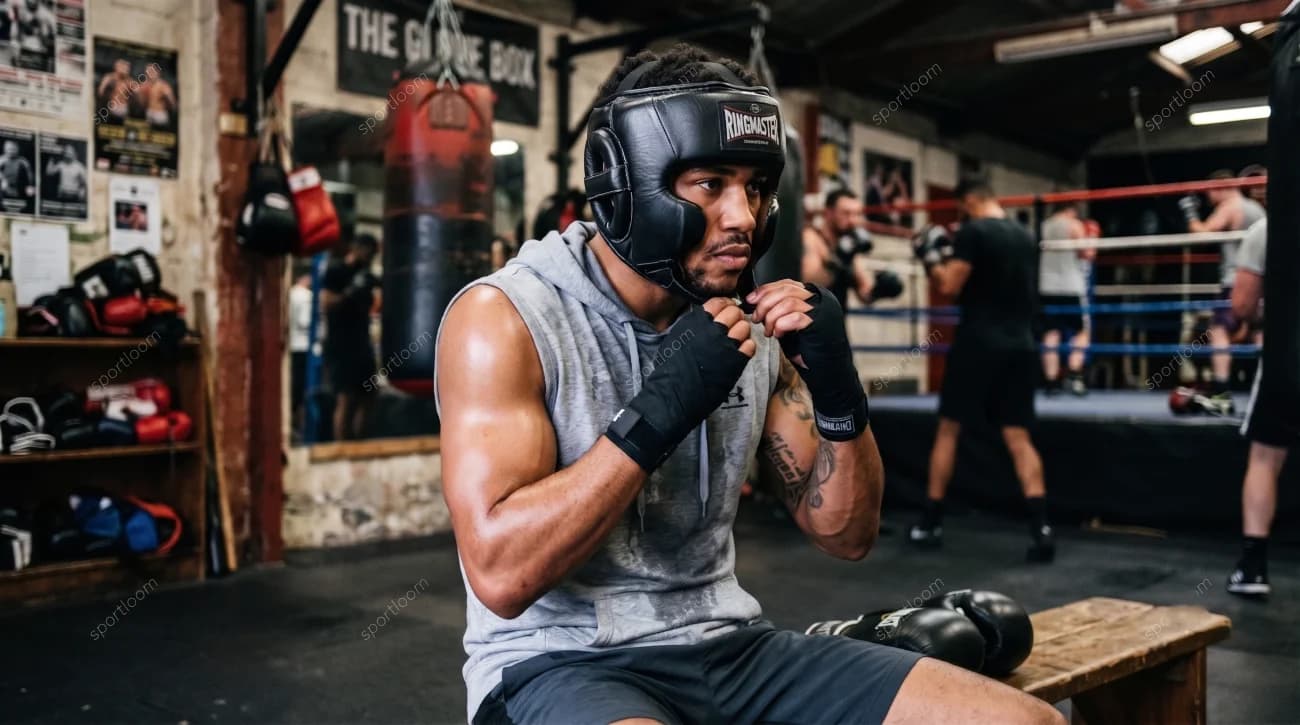 Boxer wearing protective headgear in a boxing gym.