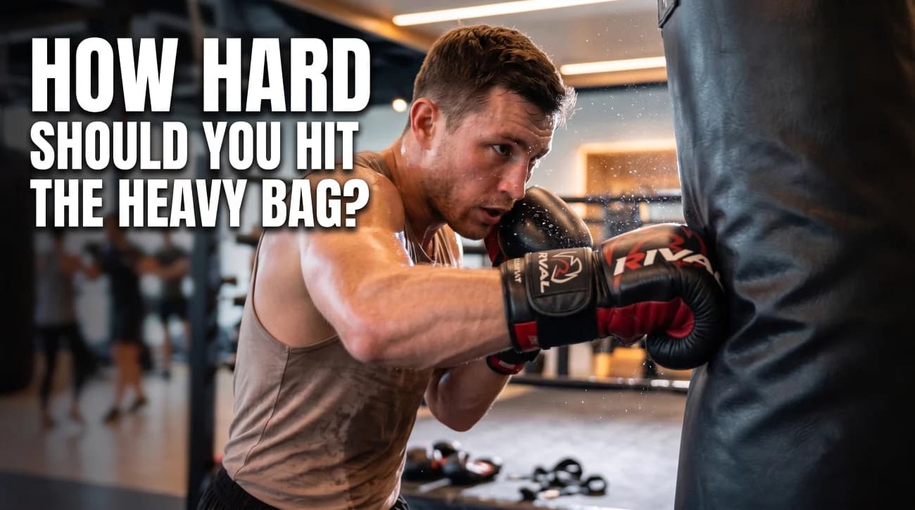 Beginner boxer hitting a heavy bag with controlled power during boxing training.