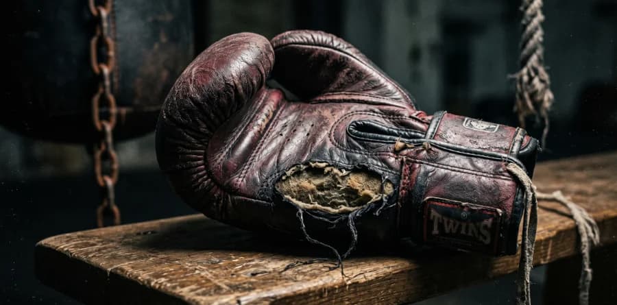 A pair of worn-out boxing gloves with visible damage and wear, indicating they have reached the end of their lifespan.