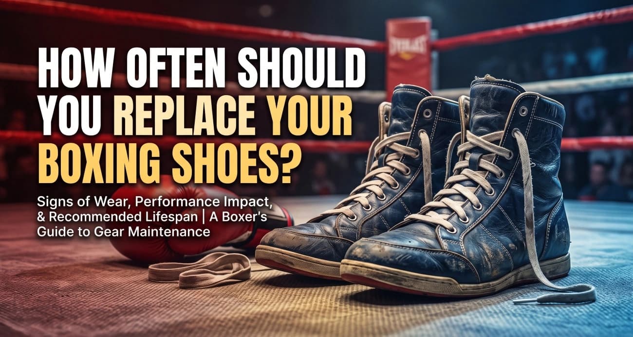 Worn boxing shoes with boxing gloves on the boxing ring