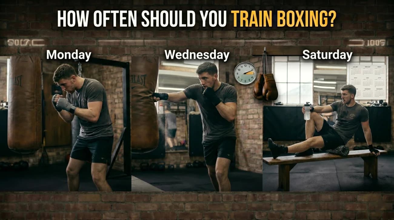 A 3-panel boxing schedule banner titled "HOW OFTEN SHOULD YOU TRAIN BOXING?" showing a man training on Monday, Wednesday, and Saturday.