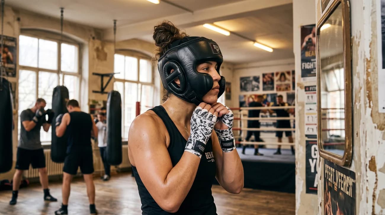 Boxer adjusting protective boxing headgear before a sparring session