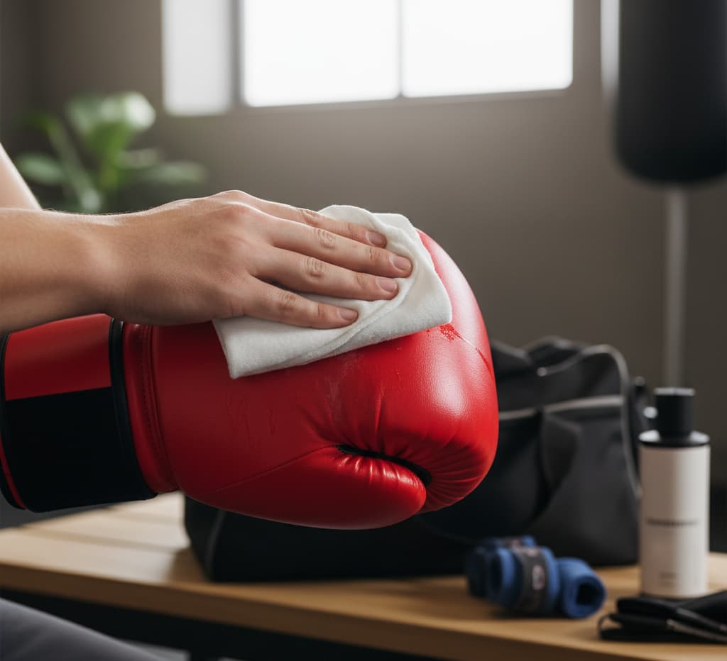 A person wiping down a pair of boxing gloves with a cloth.