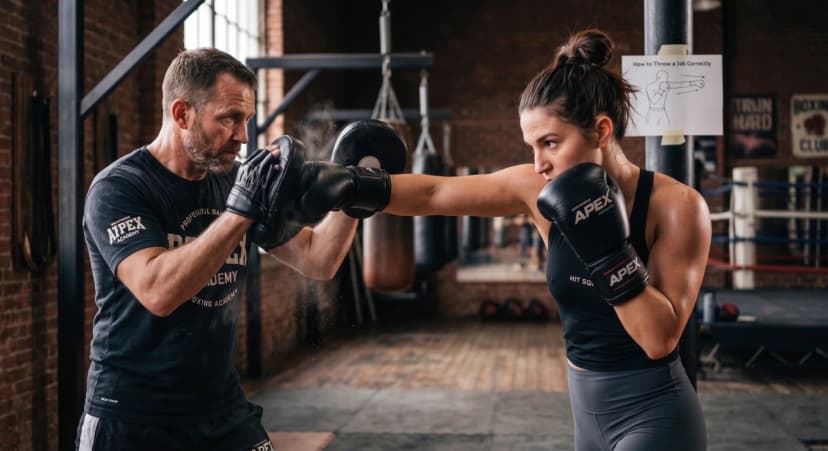Boxer practicing a straight jab during boxing training