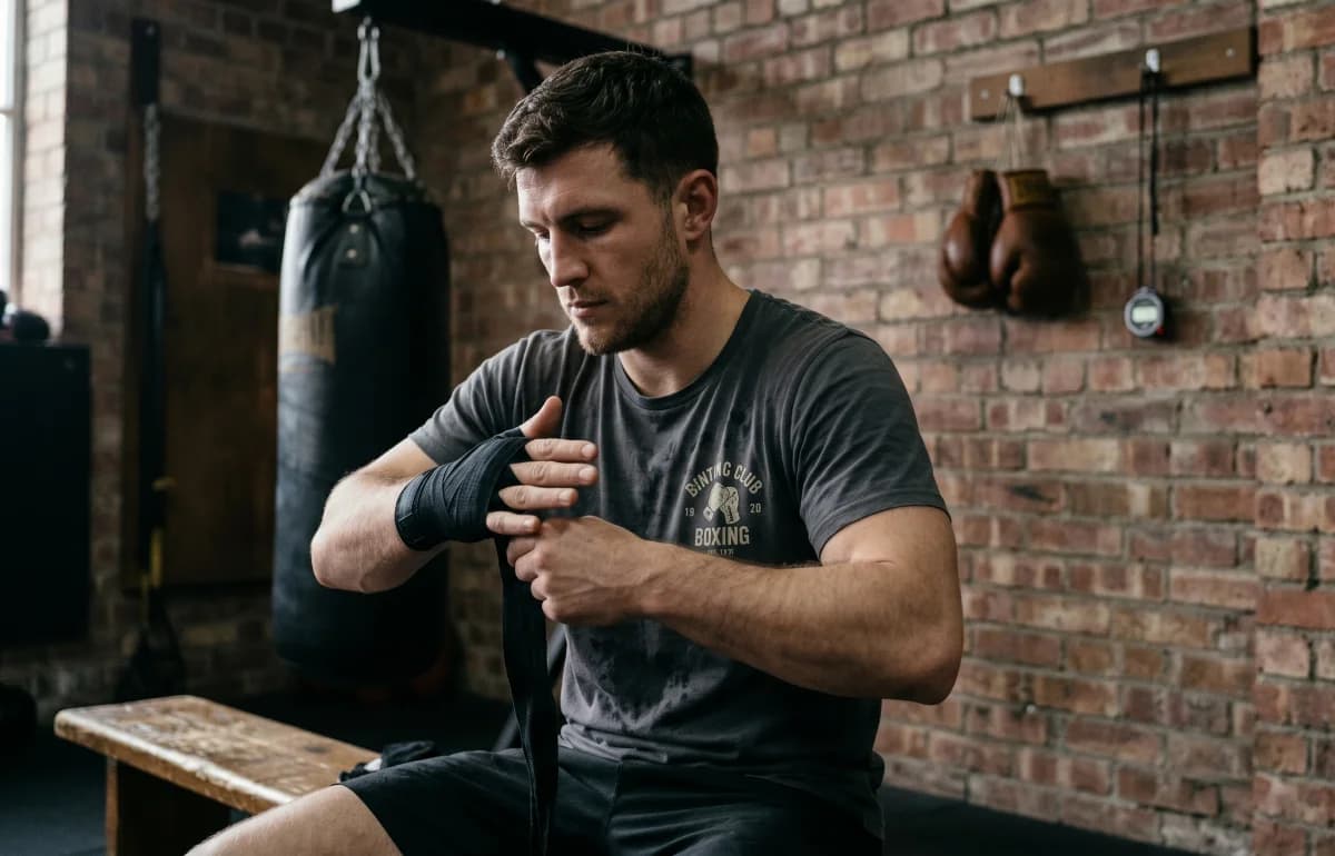 Boxer wrapping hands before heavy bag training in a boxing gym
