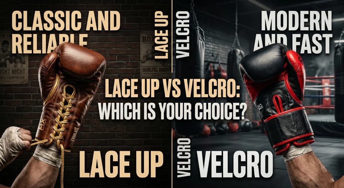 Lace-up and Velcro boxing gloves side by side in a boxing gym for a training comparison.