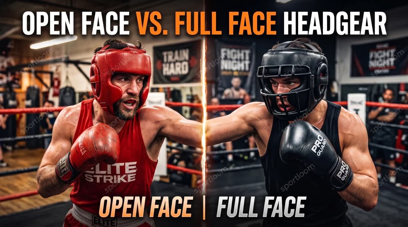2 boxers wearing open face and full face boxing headgear.