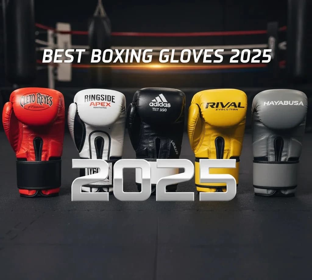 Close-up of high-end boxing gloves on a ring canvas under gym lights