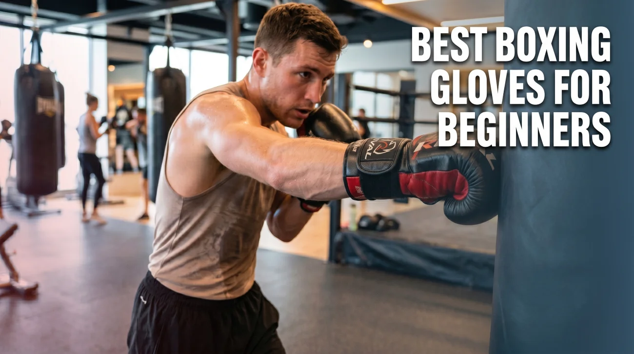 Beginner boxing gloves beside hand wraps and a heavy bag in a boxing gym