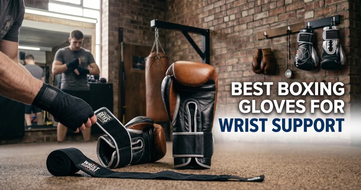 Boxing gloves with secure wrist support on a gym bench before training