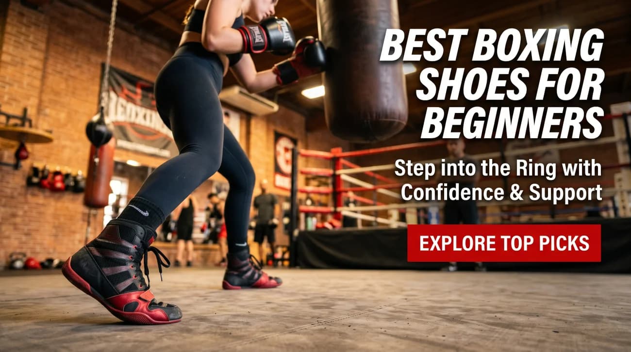 Boxing shoes on a gym floor beside boxing gloves before beginner boxing training