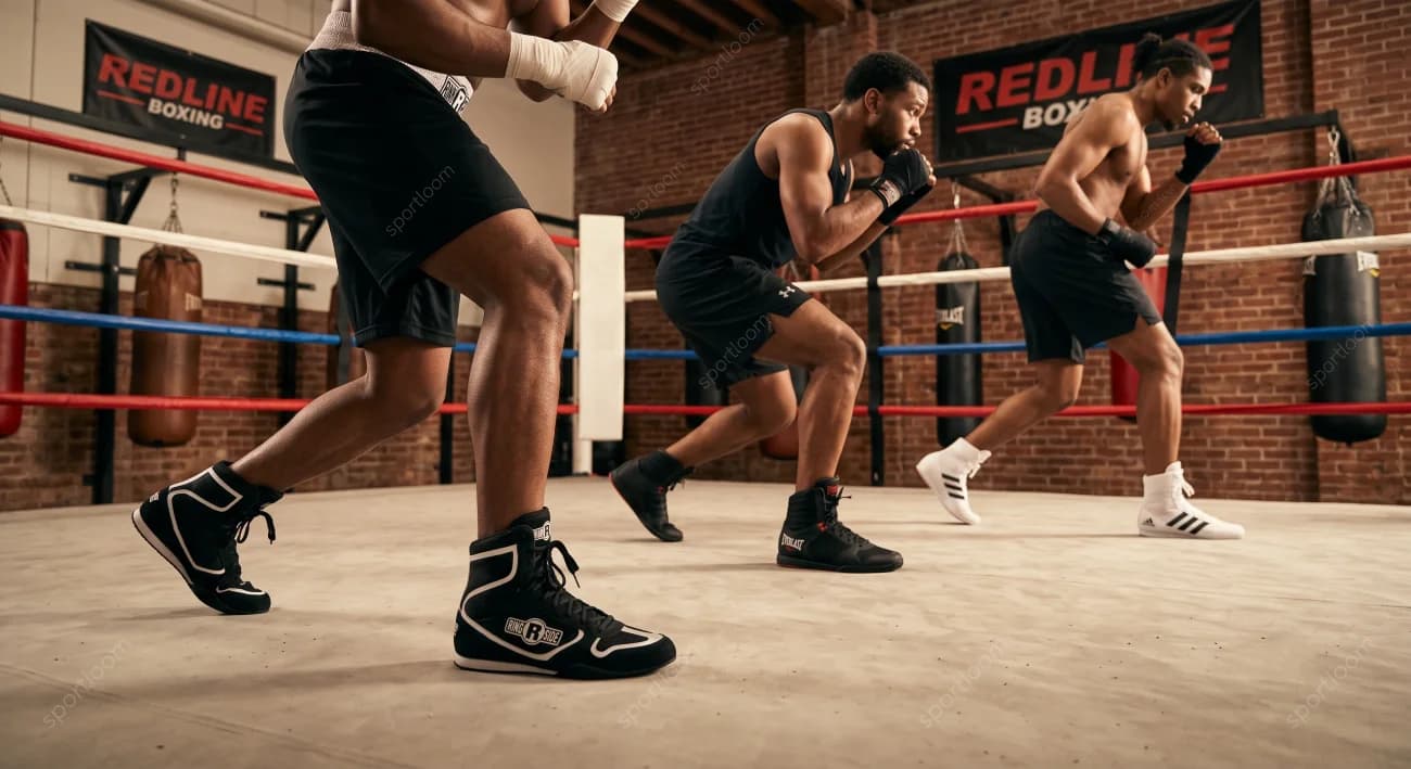 Low-angle view of boxers training in a ring, wearing Ringside, Everlast, and Adidas boxing shoes.