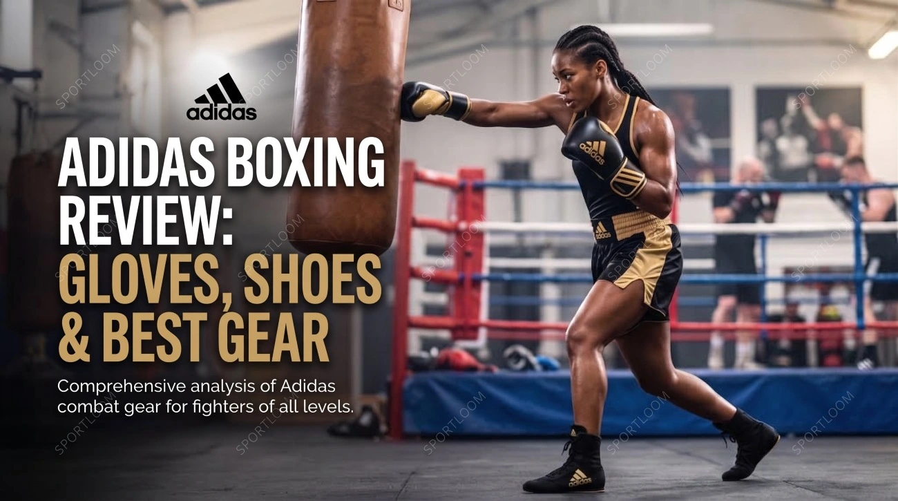 Adidas boxing gloves and boxing shoes arranged beside a boxing ring for an Adidas boxing brand review.