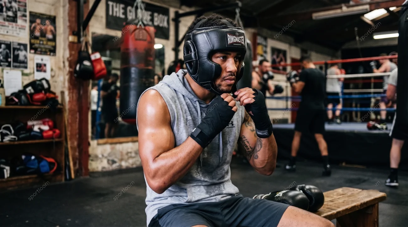 Boxer wearing protective headgear in a boxing gym.