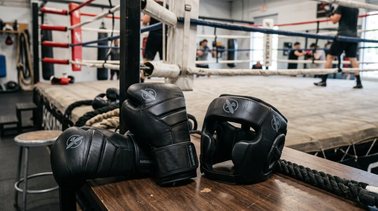 Hayabusa boxing gloves and headgear arranged beside a boxing ring for a brand review