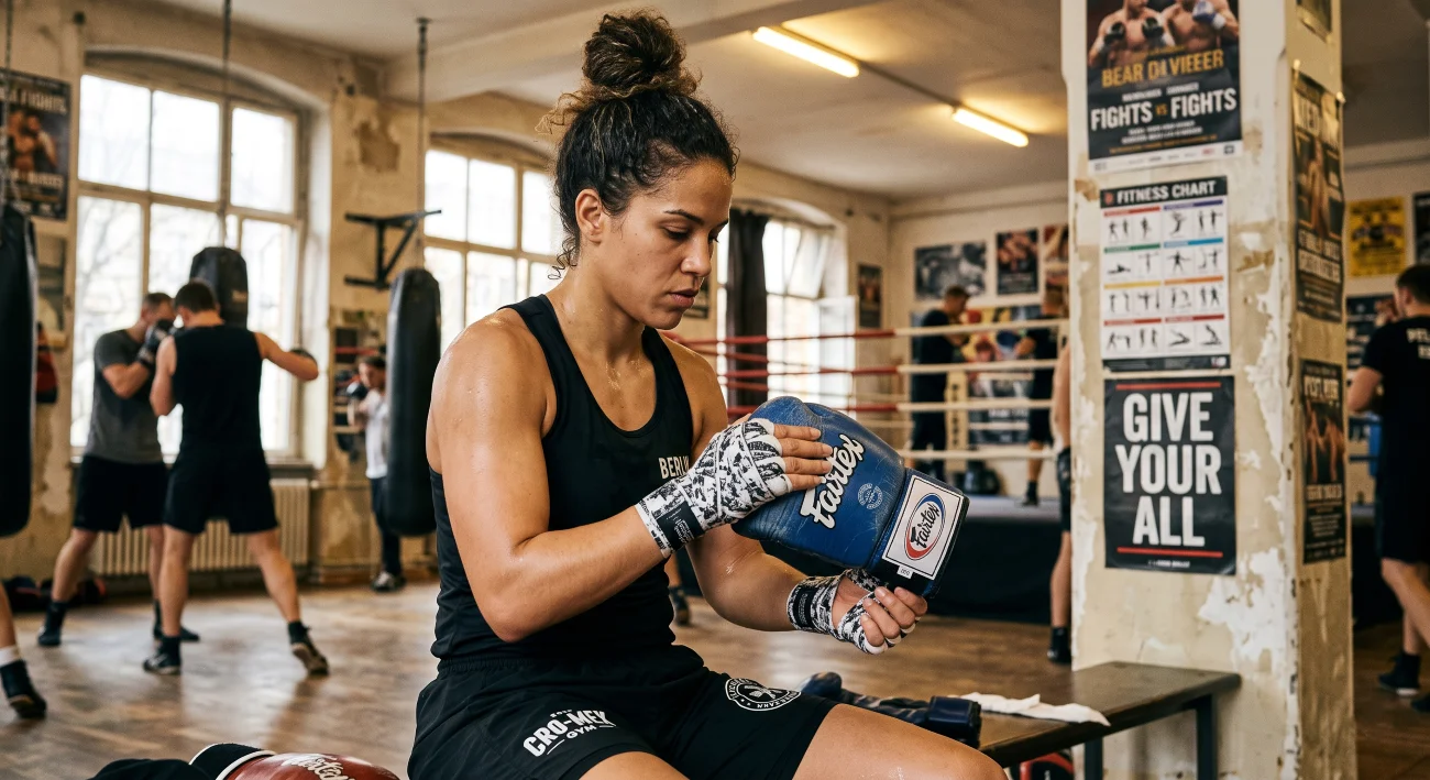 Boxer checking the fit of boxing gloves with hand wraps before training.