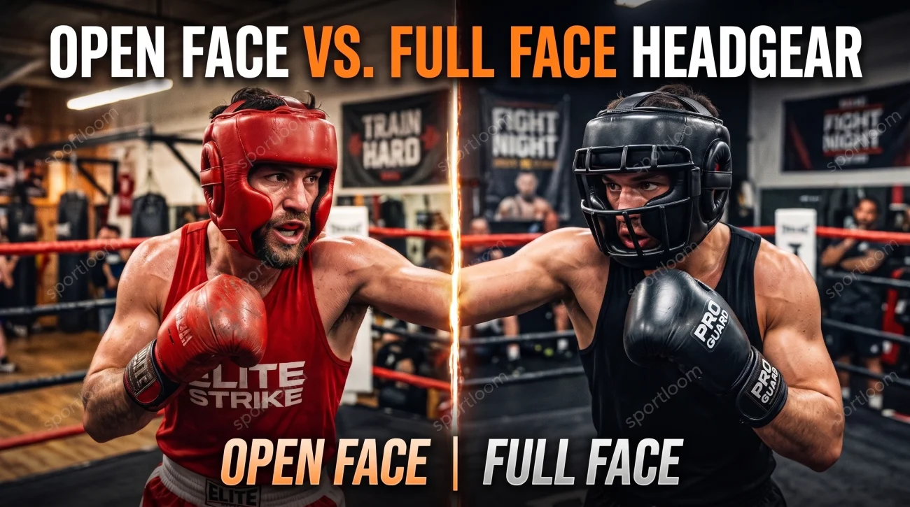 2 boxers wearing open face and full face boxing headgear.