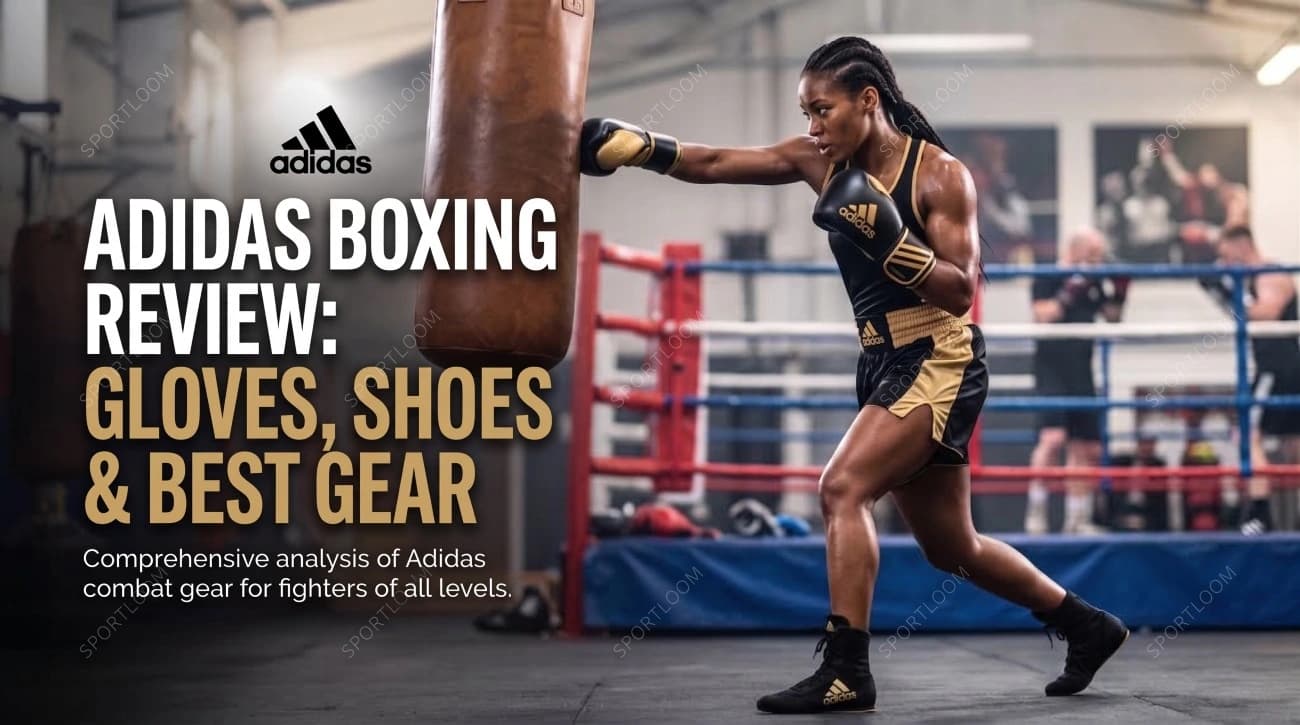Adidas boxing gloves and boxing shoes arranged beside a boxing ring for an Adidas boxing brand review.