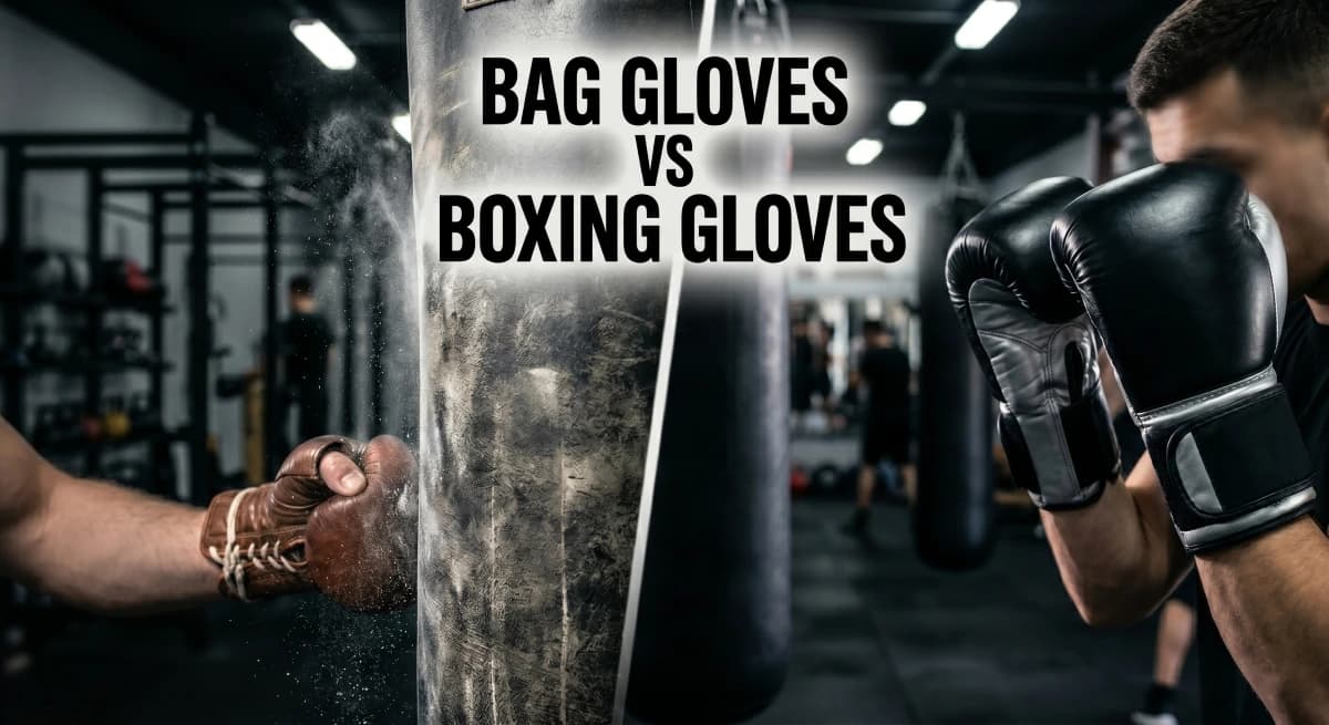Bag gloves and regular boxing gloves compared inside a boxing gym.