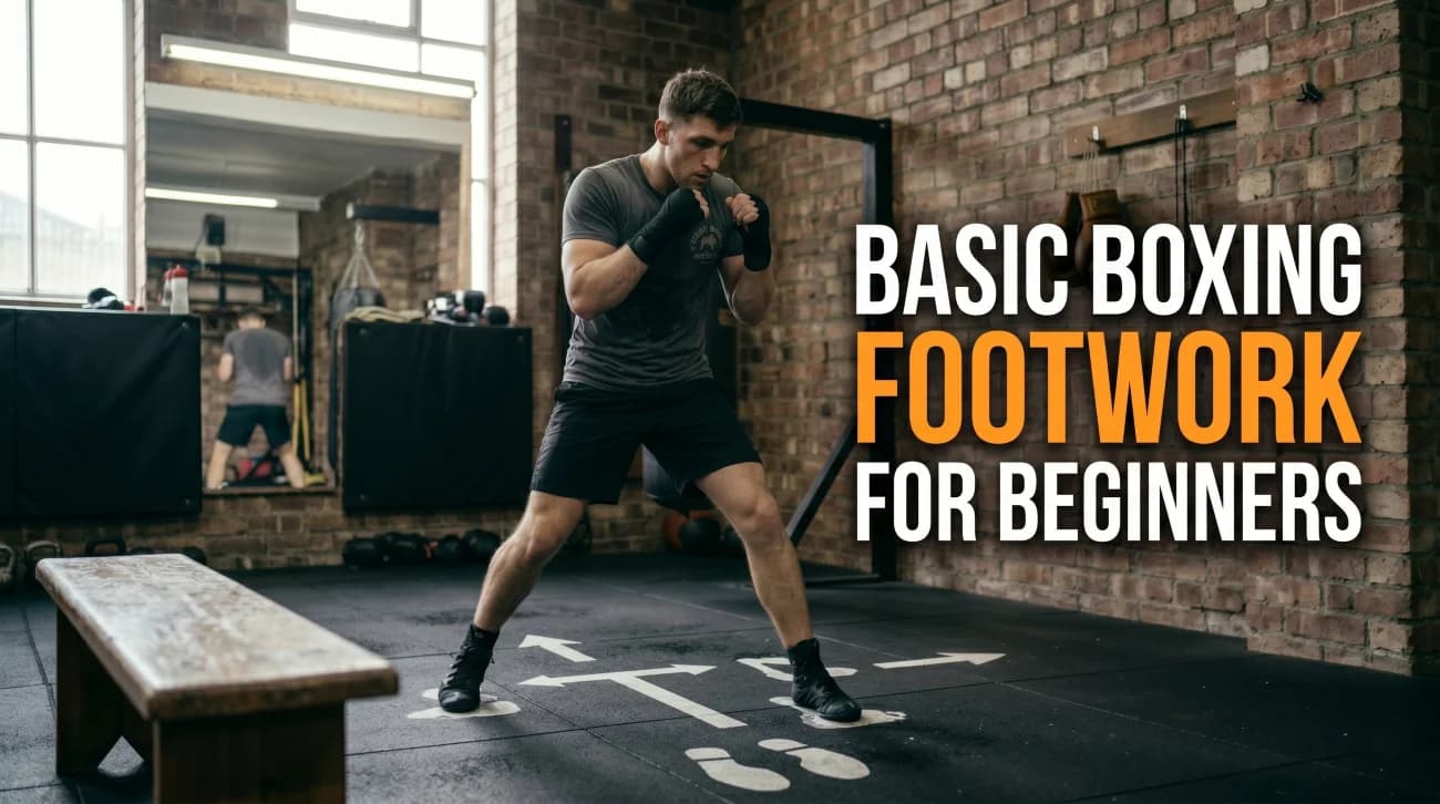 Beginner boxer practicing basic boxing footwork and stance in a boxing gym.