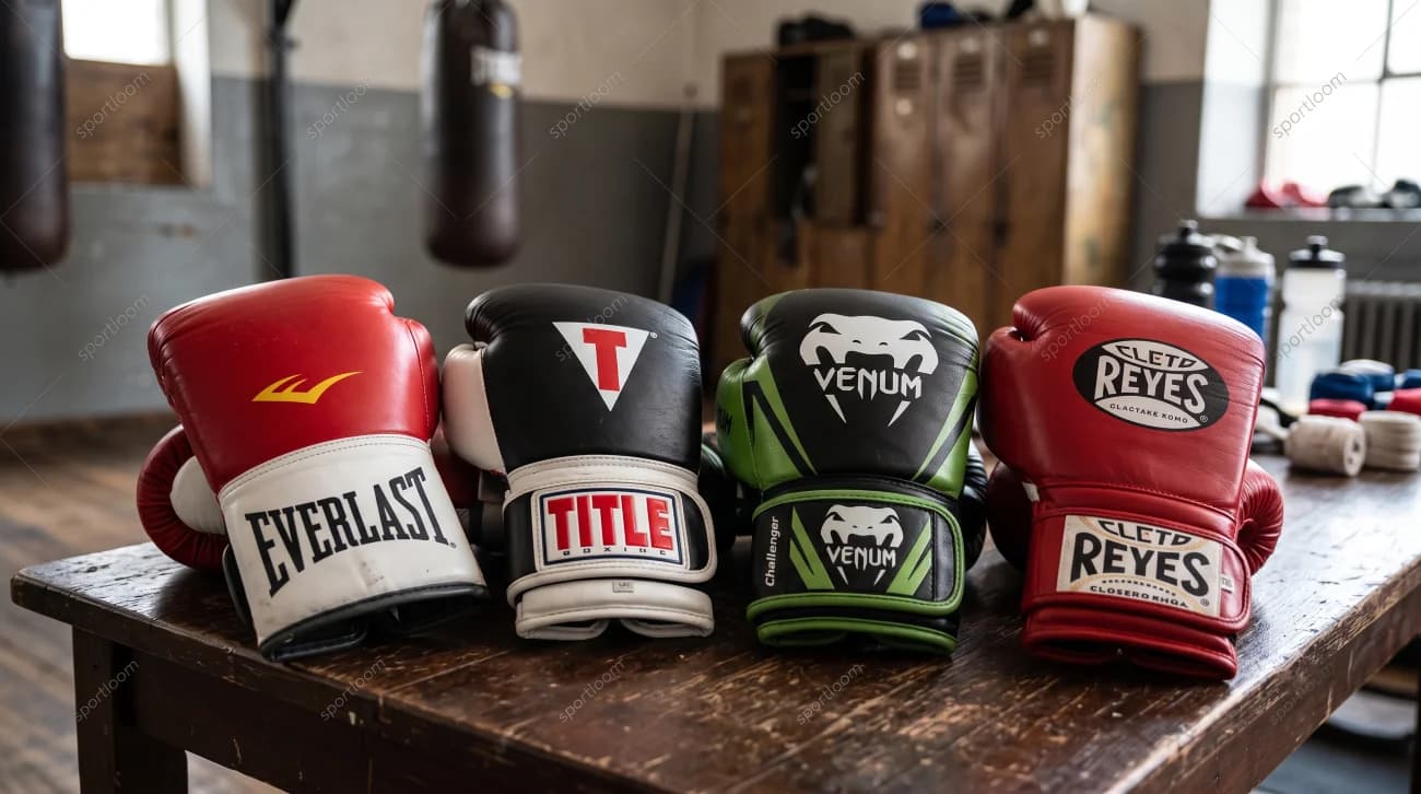 Different boxing gloves representing leading boxing glove brands arranged beside a boxing ring.