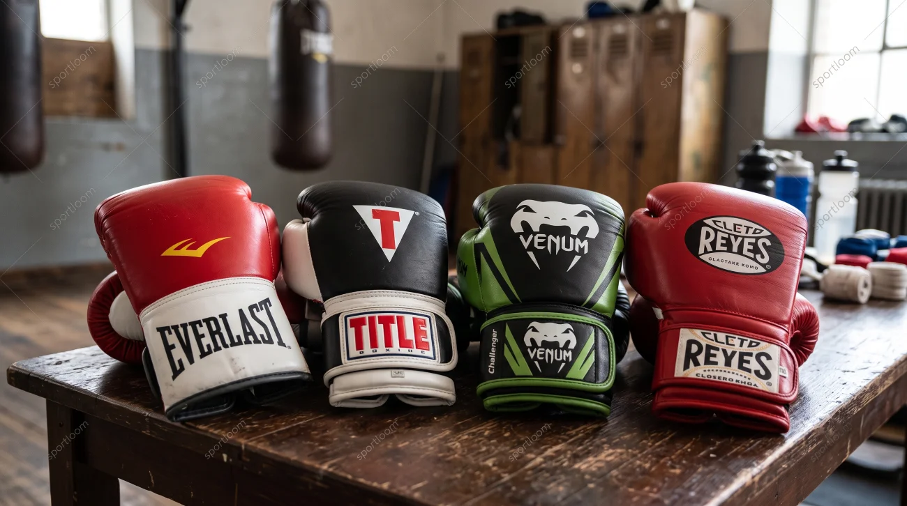 Different boxing gloves representing leading boxing glove brands arranged beside a boxing ring.
