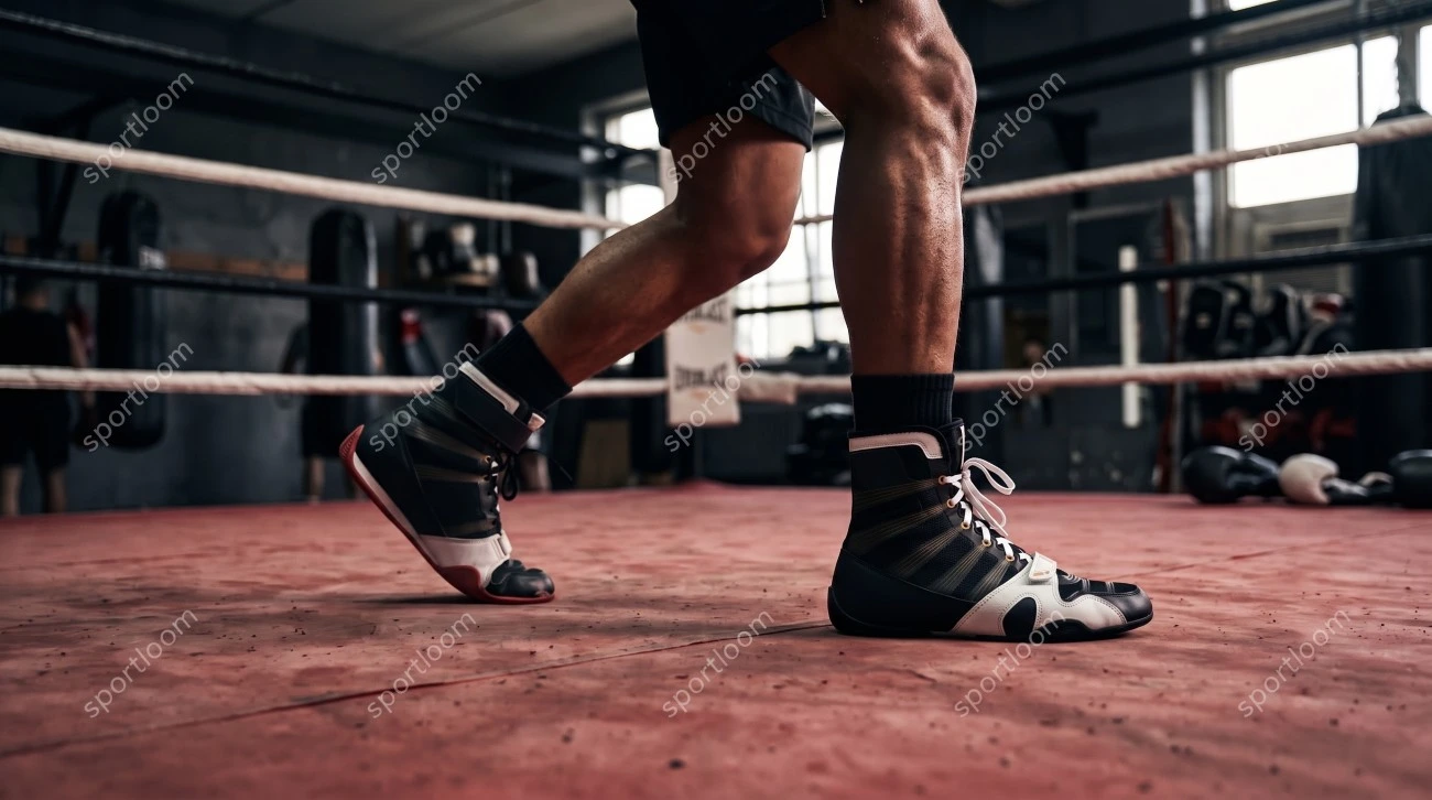 A boxer's feet in boxing shoes in the boxing ring