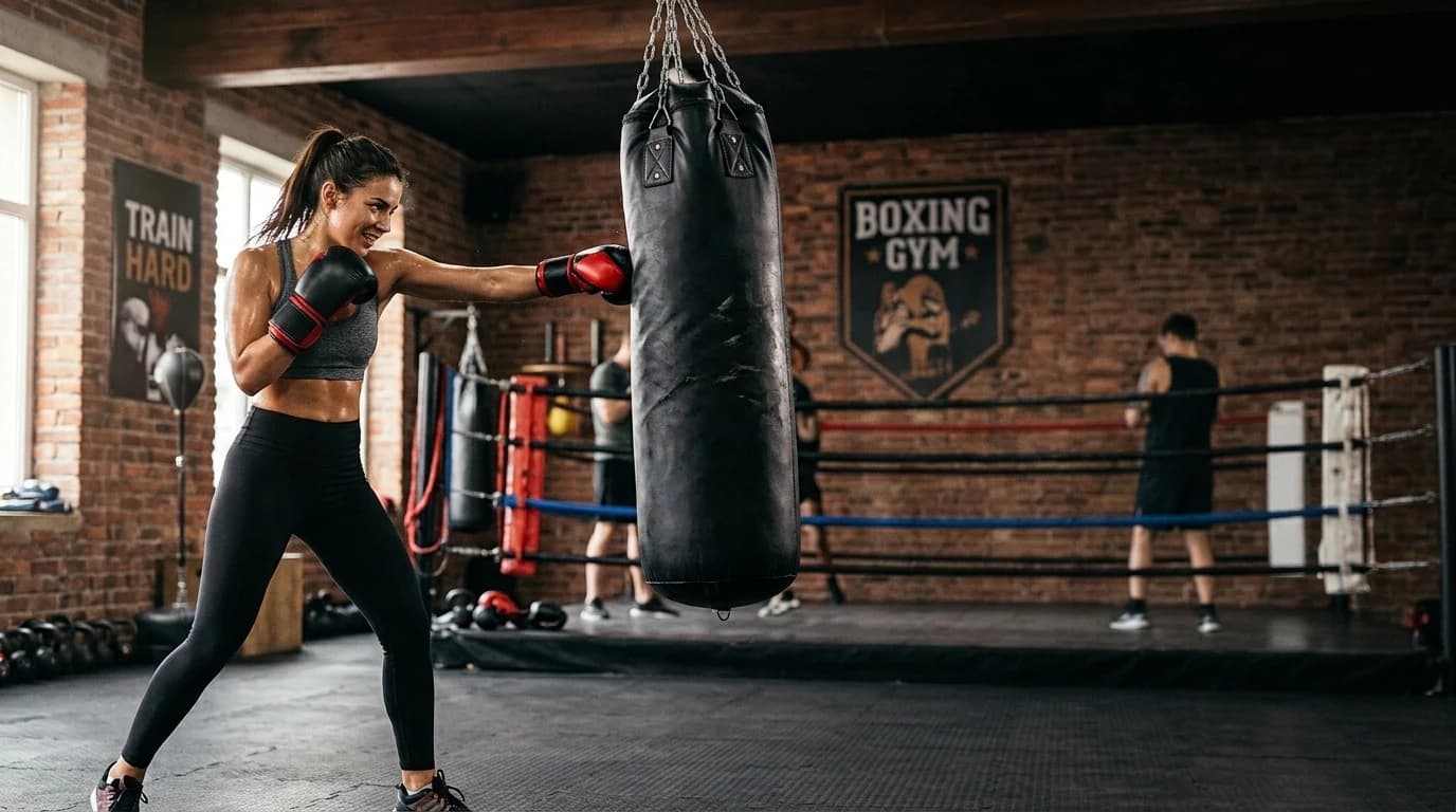 Beginner boxer training on a heavy bag with gloves in a boxing gym.