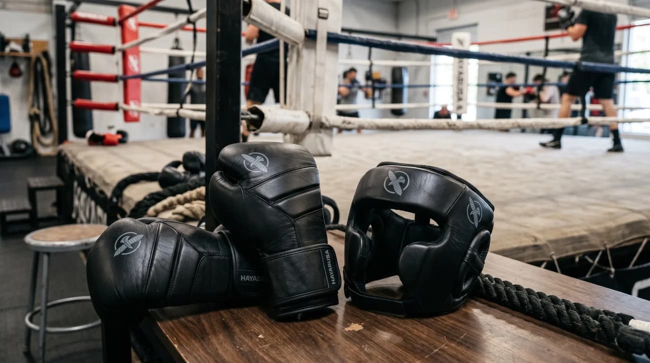 Hayabusa boxing gloves and headgear arranged beside a boxing ring for a brand review