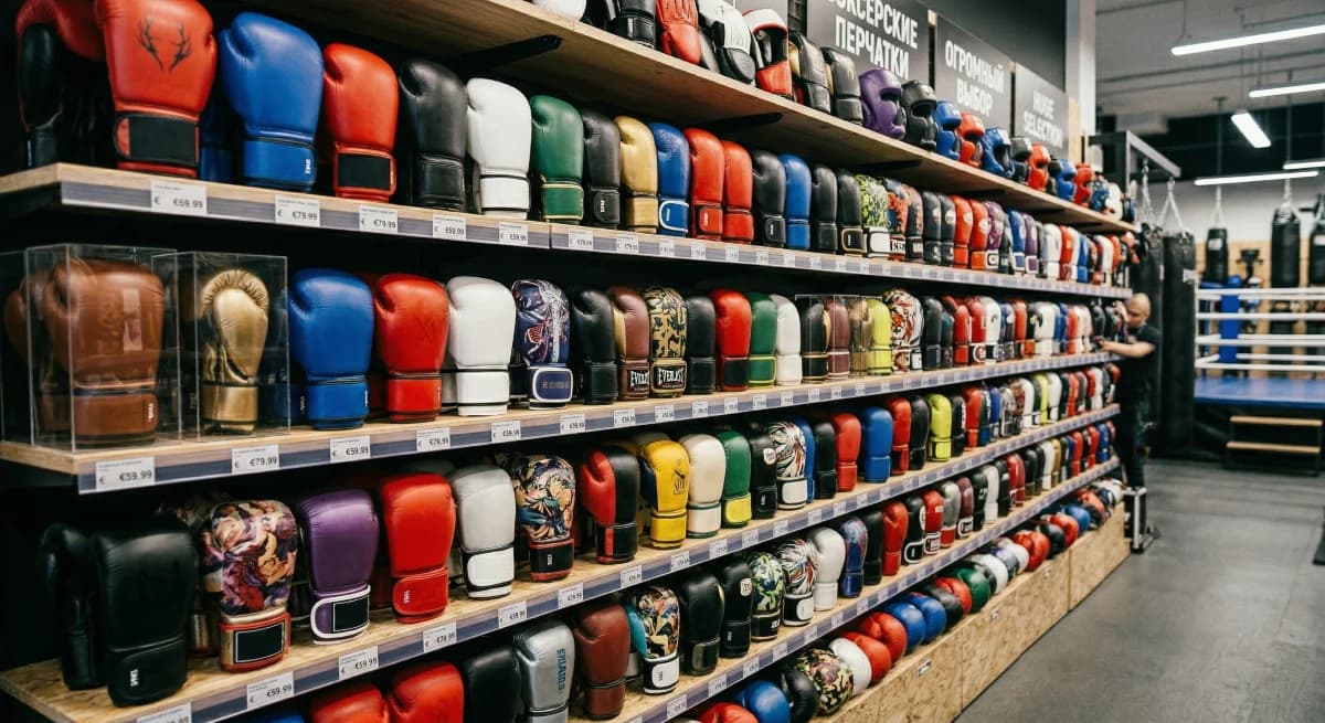 Different boxing gloves with various price ranges displayed in a gym.