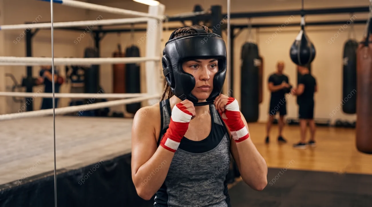 Boxer woman adjusting snug-fitting boxing headgear before a sparring session