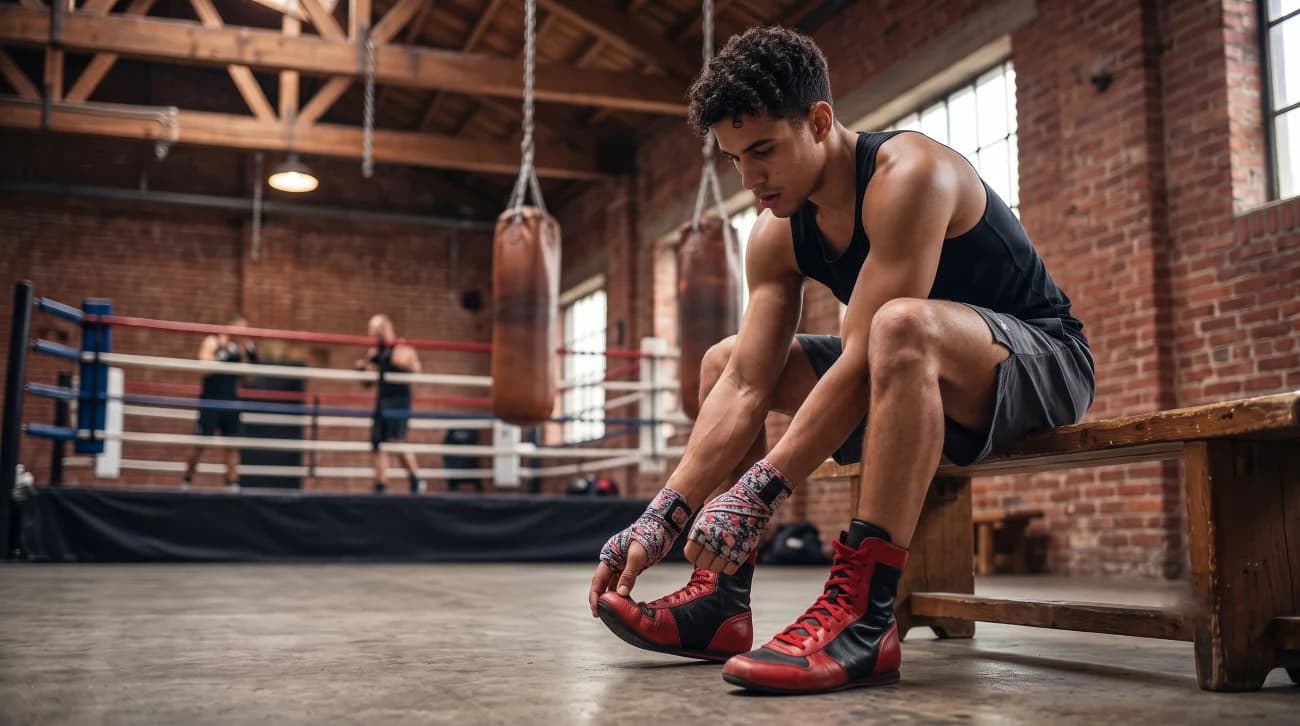 Boxer tightening boxing shoes before training to check secure heel, toe room, and ankle fit.