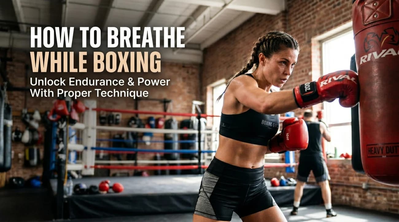 Boxer training on a heavy bag while practicing controlled breathing and punch rhythm.