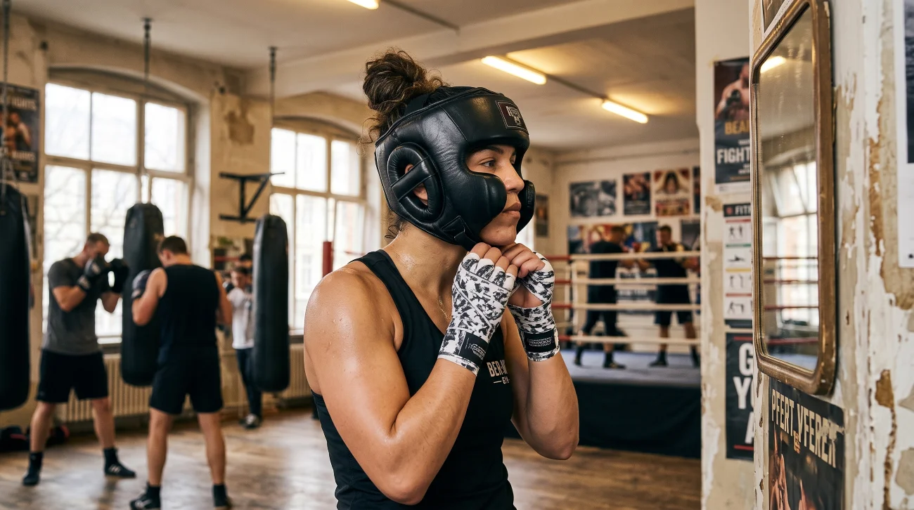 Boxer adjusting protective boxing headgear before a sparring session