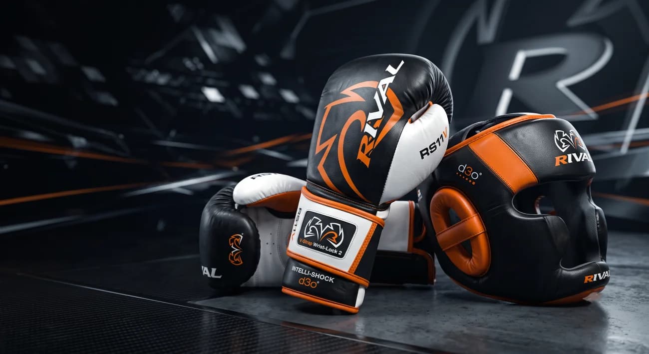 Rival boxing gloves and headgear arranged beside a boxing ring