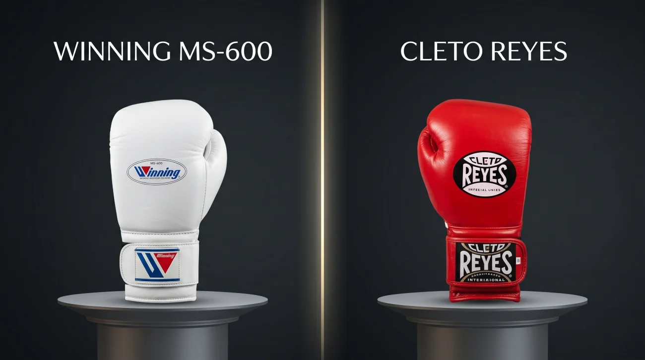 Winning MS-600 and Cleto Reyes training gloves side by side in a boxing gym.