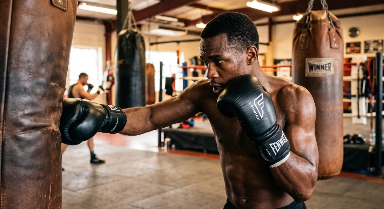 Boxing gloves for long fingers on a gym bench with hand wraps