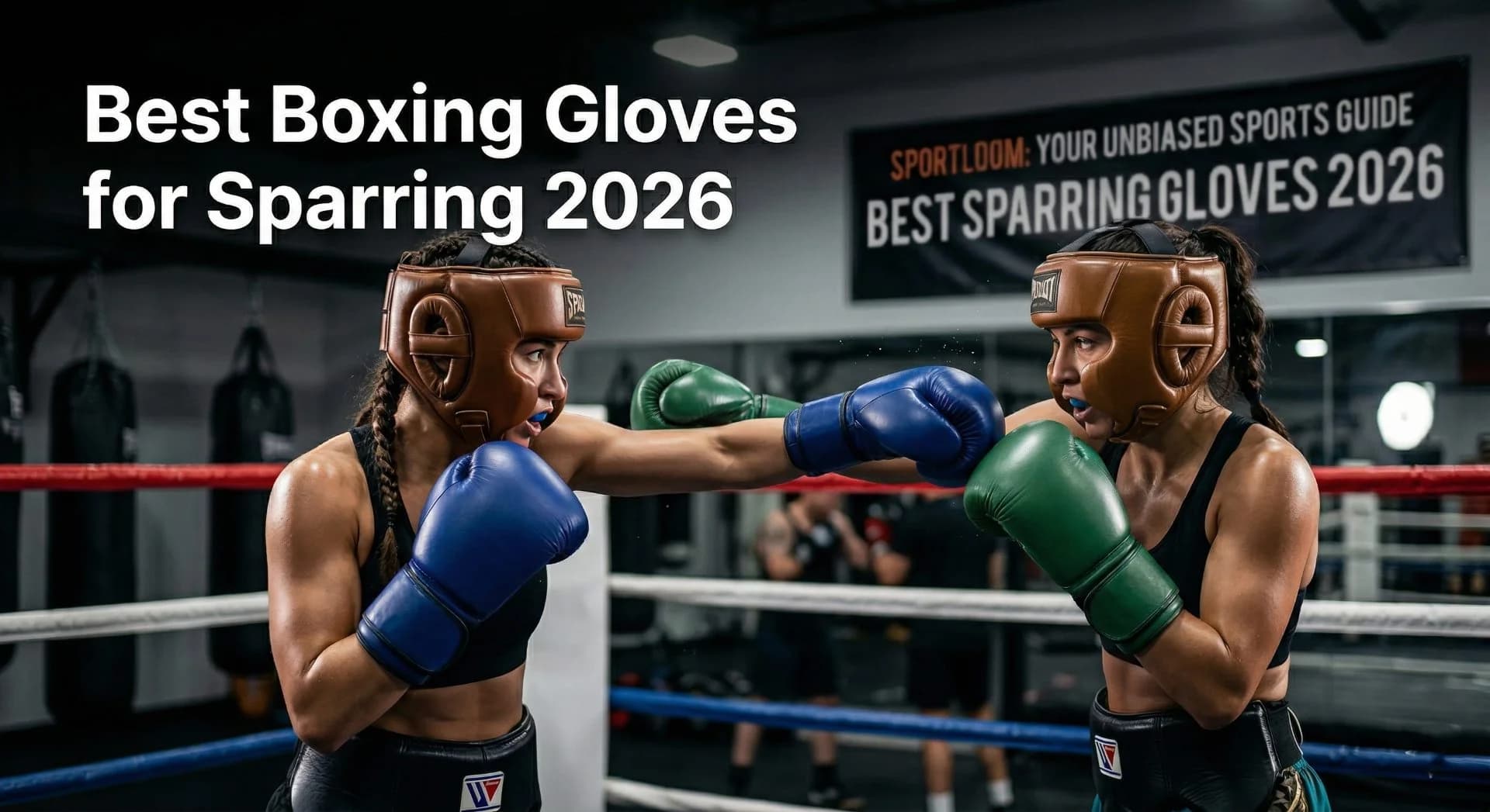 Two boxers sparring in full-size boxing gloves inside a boxing gym