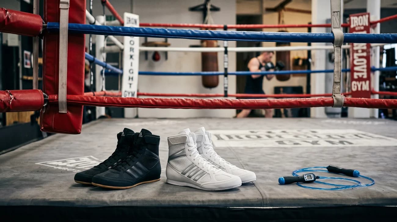 Lightweight boxing shoes beside a boxing ring ready for training